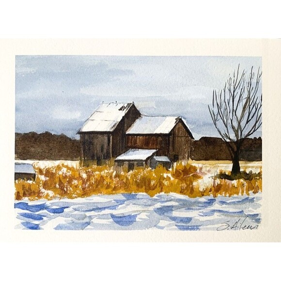 Watercolor Painting Original Winter Barn Pastoral "Winter Solstice" Signed 5x7